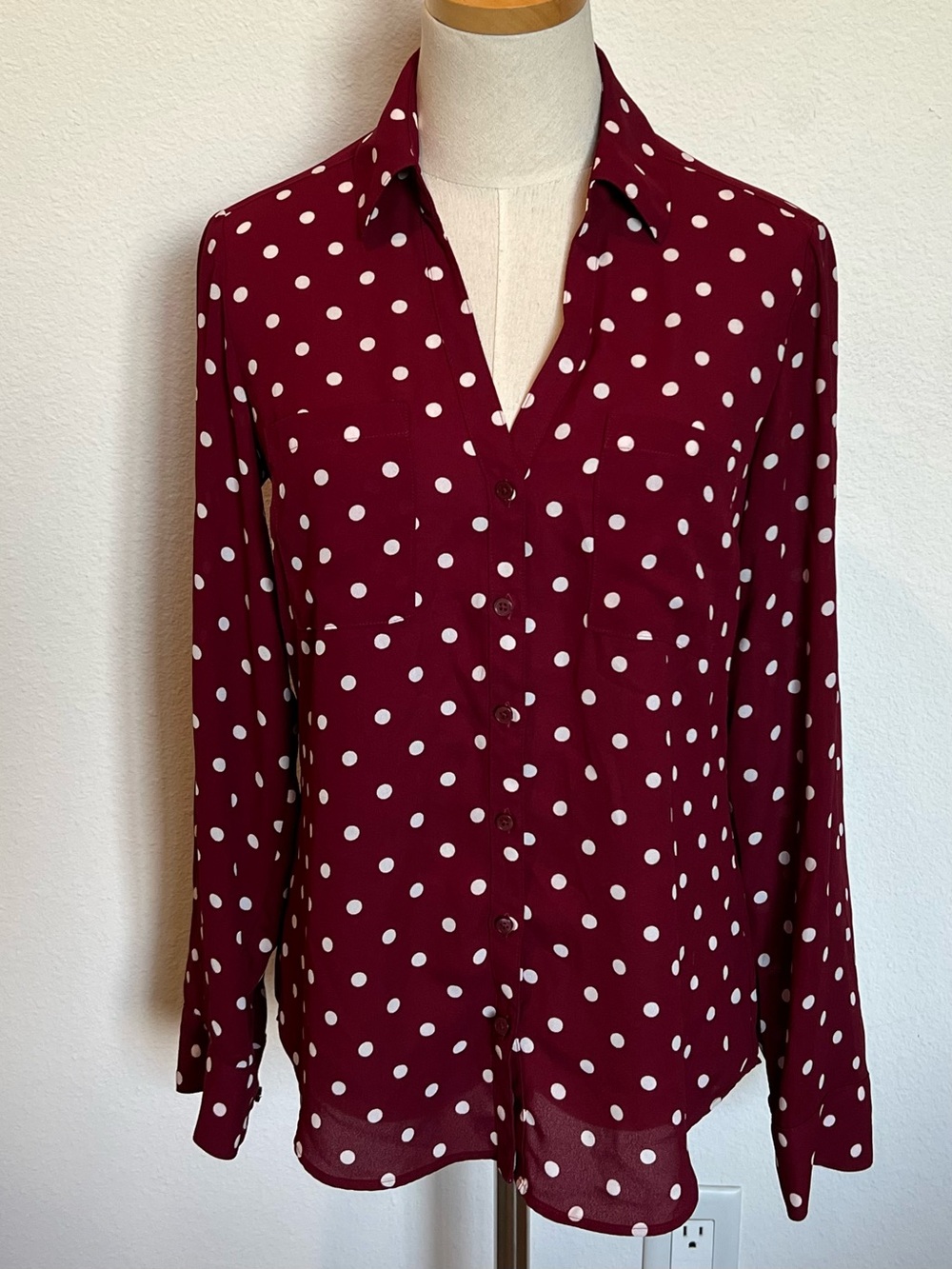 Express Portofino Burgundy and White Polka Dot Button-Down Shirt
